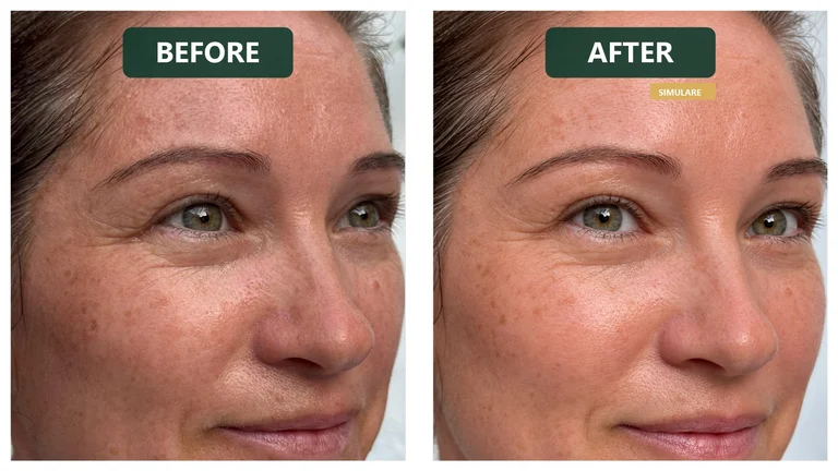 Aspectul tenului — before/after cu retuș digital AI, nu rezultat real
